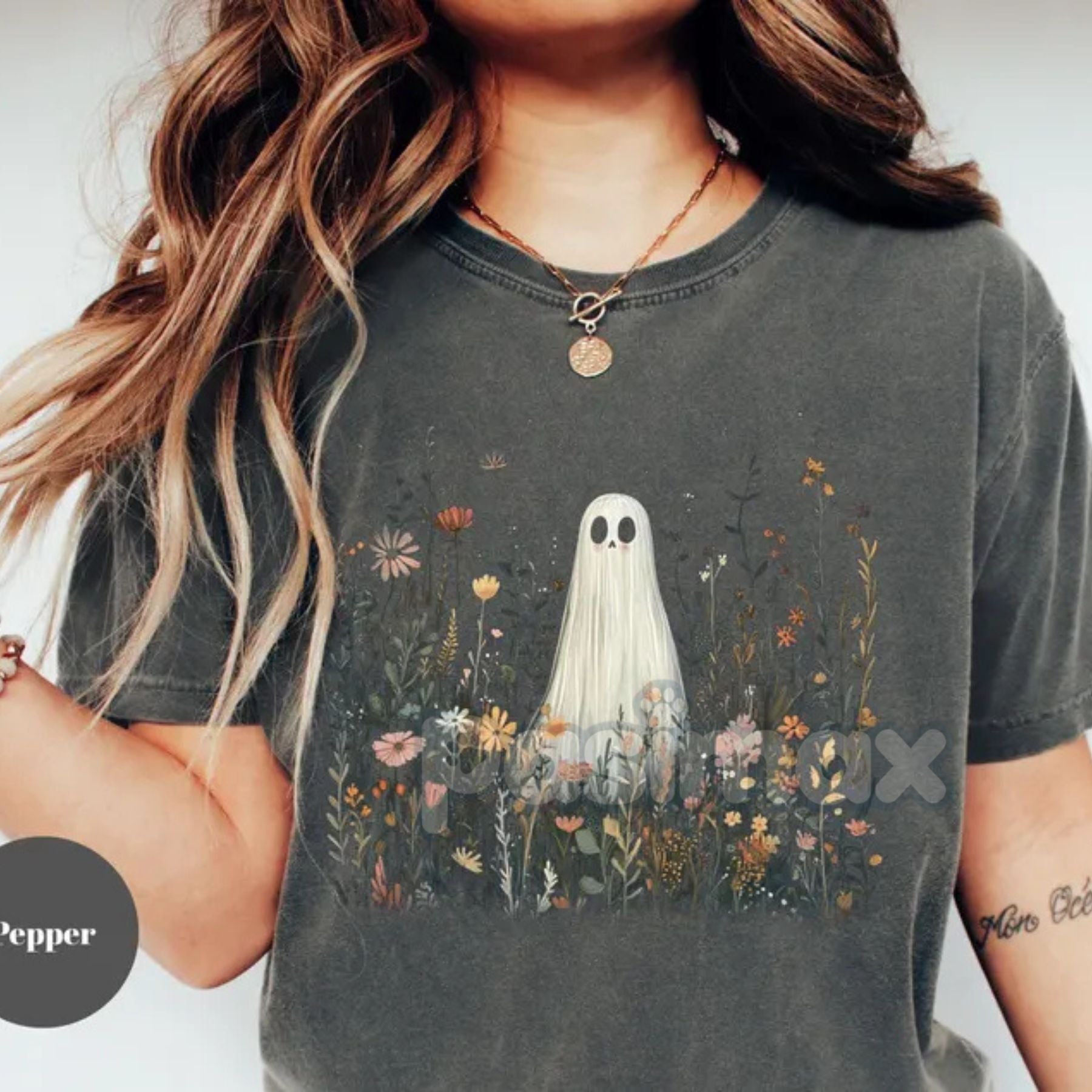 Comfort Colors® Enchanted Ghost in Wildflowers T-Shirt – Cottagecore Halloween Floral Tee, Whimsical Fall Graphic, Fairy Tale Spooky Gift