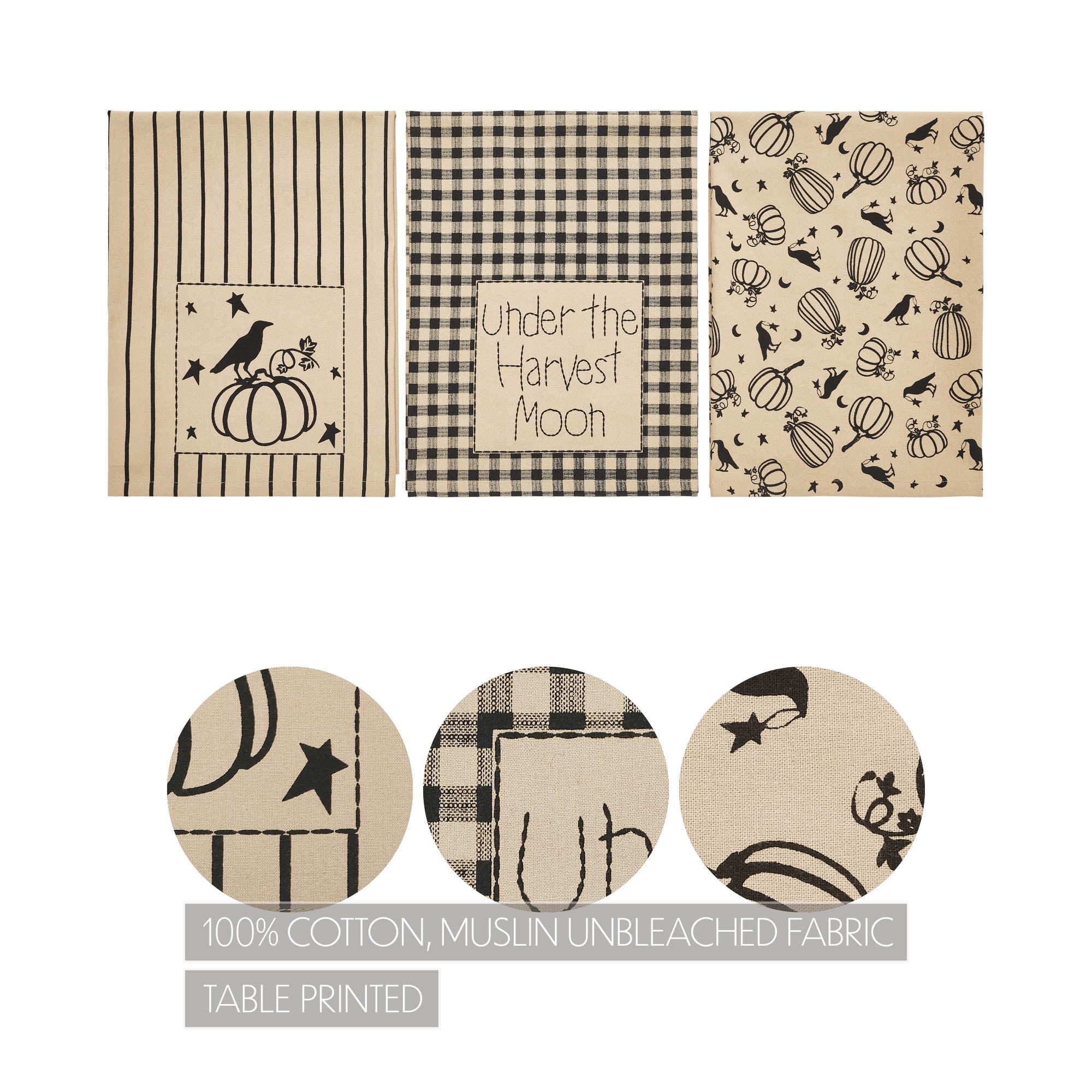 Midnight Harvest Pumpkin & Raven Kitchen Towel Collection | Set of 3 Cotton Towels